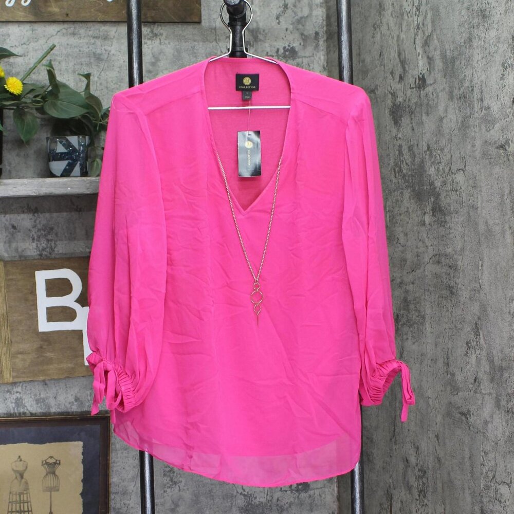 Jm Collection Womens Woven Tie-Sleeve Blouse With Necklace Top Fuchsia Pink L